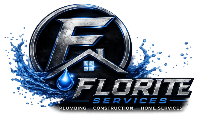 Florite Services logo with blue water splash, house icon, and water droplet for plumbing and home services