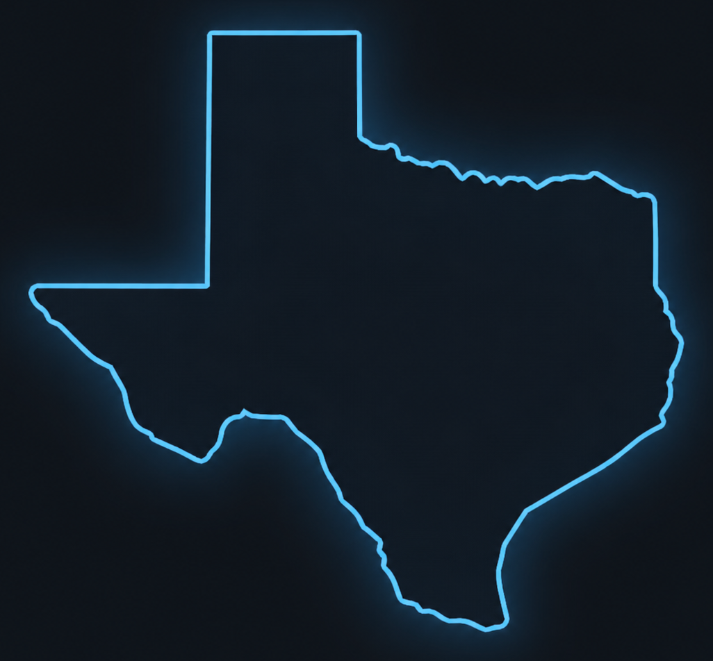 Neon blue outline map of Texas on dark background